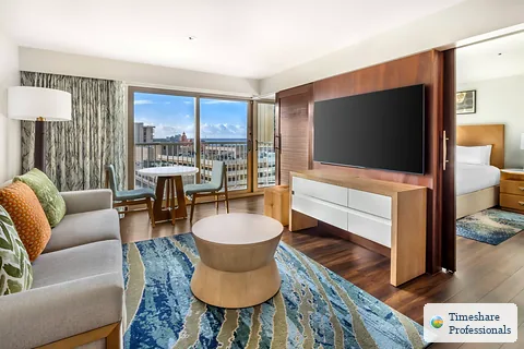 Example living and dining area at Hokulani Waikiki By Hilton Grand Vacations Club HGVC